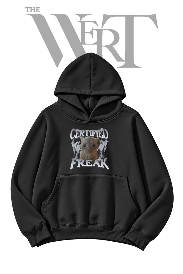 Black Hooded Sweatshirt with "Meme Kedi" Print on the Front (2-Ply)