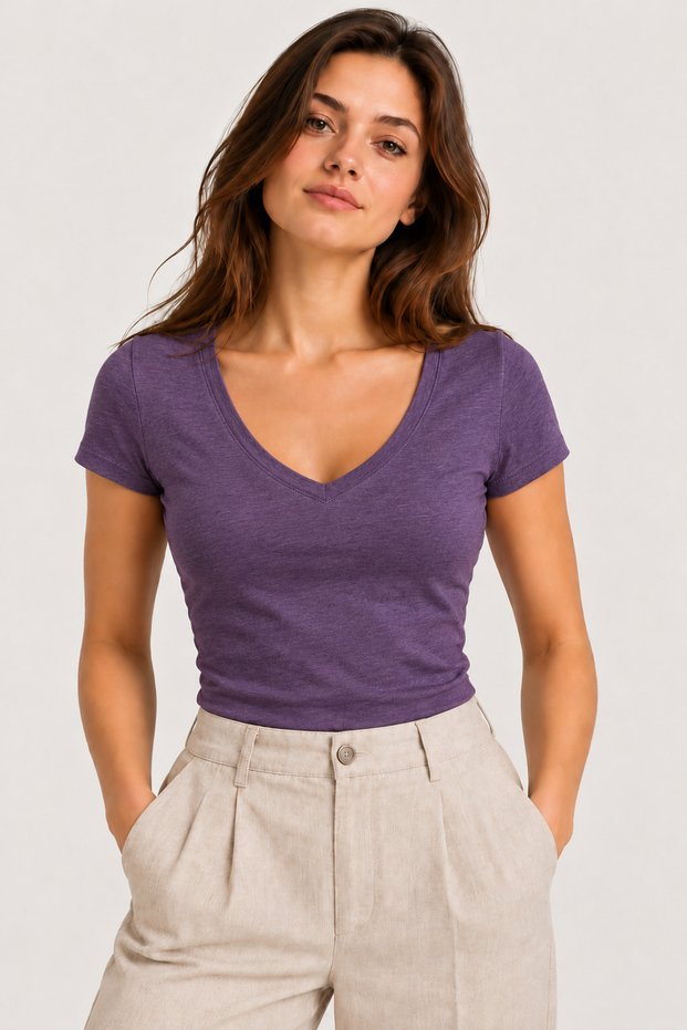 Women's 100% Cotton V-Neck Short-Sleeve Basic T-Shirt - Muted Purple