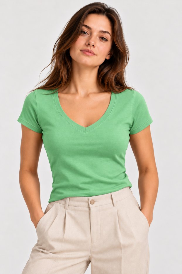 Women's 100% Cotton V-Neck Short-Sleeve Basic T-Shirt - Light Green