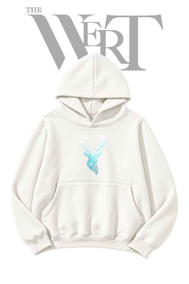 Deer Head Forest Pre-Printed White Hooded Sweatshirt (2-Ply)