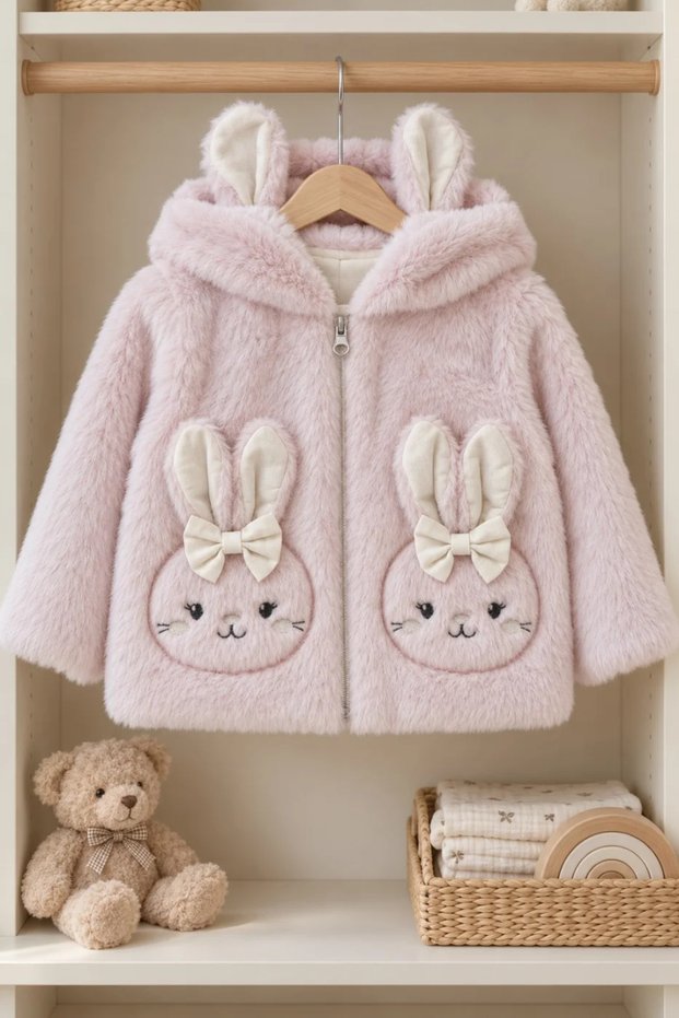 GIRL'S PLUSH HOODED CARDIGAN WITH BUNNY EARS, POCKETS, AND A ZIPPER