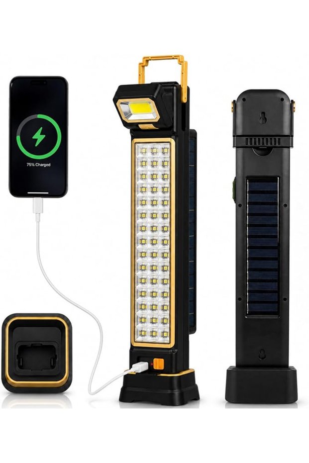 إم بي ® مصباح عمل LED للطوارئ يعمل بالطاقة الشمسية وقابل لإعادة الشحن، مصباح يدوي COB قابل للطي، قاعدة قابلة للفصل وحامل