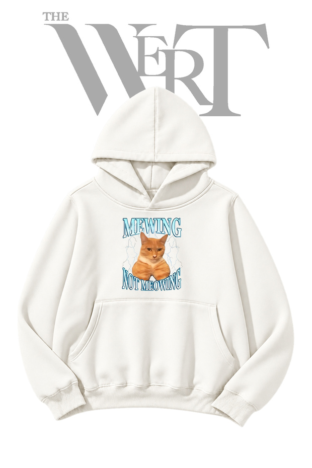 Mewing Cat Pre-Printed White Hooded Sweatshirt (2-Ply)