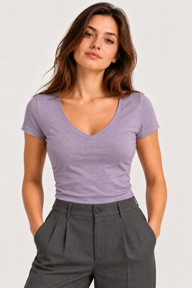 Women's 100% Cotton V-Neck Short-Sleeve Basic T-Shirt - Lilac
