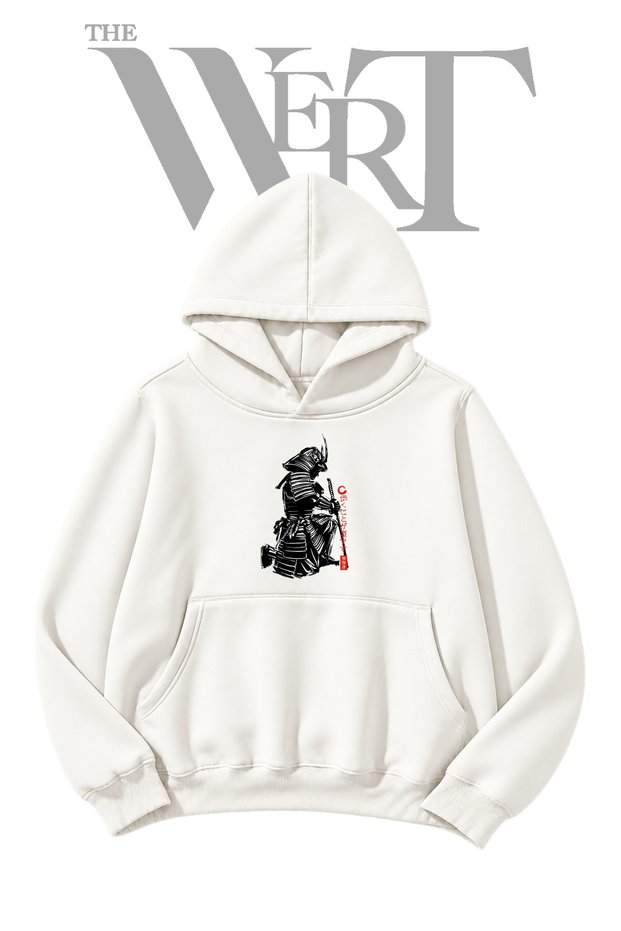 Pre-Printed White Hooded Sweatshirt with Samurai Armor Design (2-Ply)
