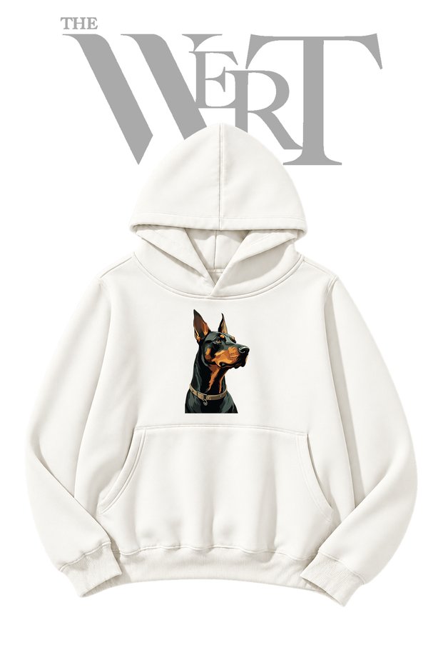 Doberman Pinscher White Hooded Sweatshirt with Front Print (2-Ply)