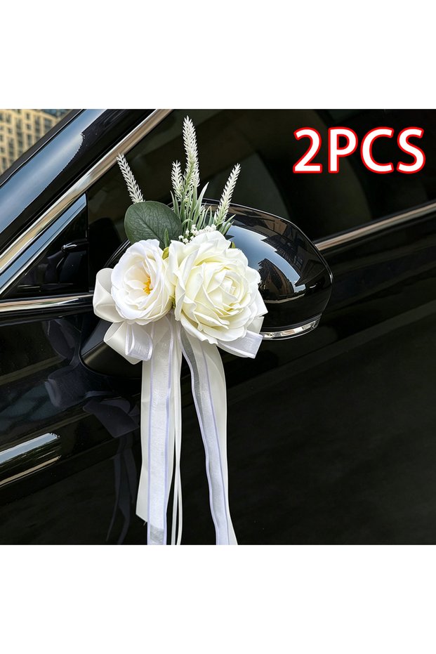 2PCS White (A) 2pcs Artificial Rose Decor Flower with Suction Cup for Wedding Car Rearview Mirror De