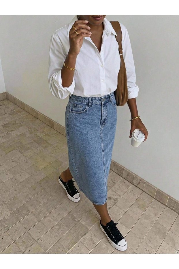 Women's Washed High-Waisted Long Midi Denim Skirt, Straight Cut