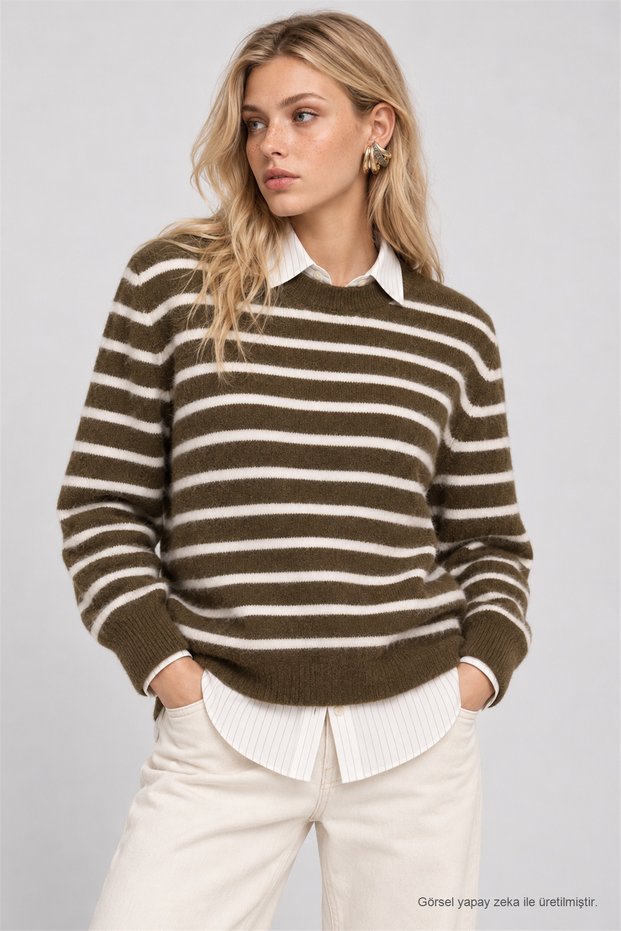 Striped Wool Blend Knit Sweater LYY0157 Khaki/Beige