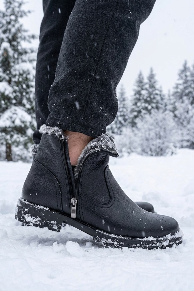 Genuine Leather, Fur-Trimmed, Special Sole, Italian-Style, Water-Resistant, Zip-Up Boots, Easy-to-Put-On Winter Boots