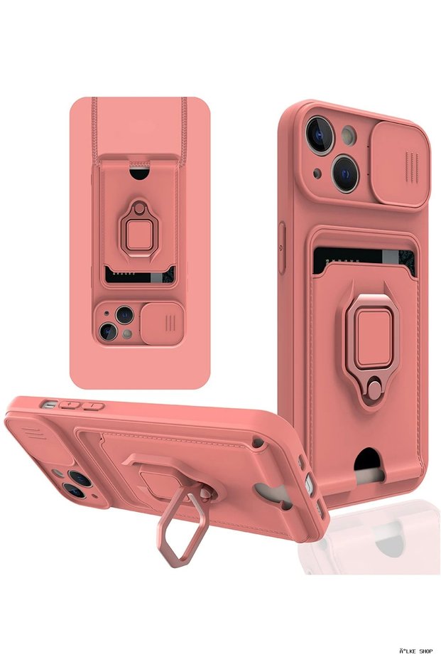 ILKESTOR Newface iPhone 14 Case with Zuma Business Card Holder and Ring, Silicone (04255) - Pink