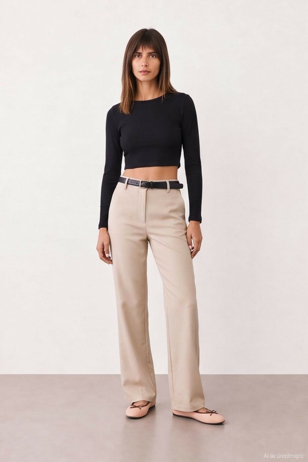 Women's Beige Pants with Belt Detail