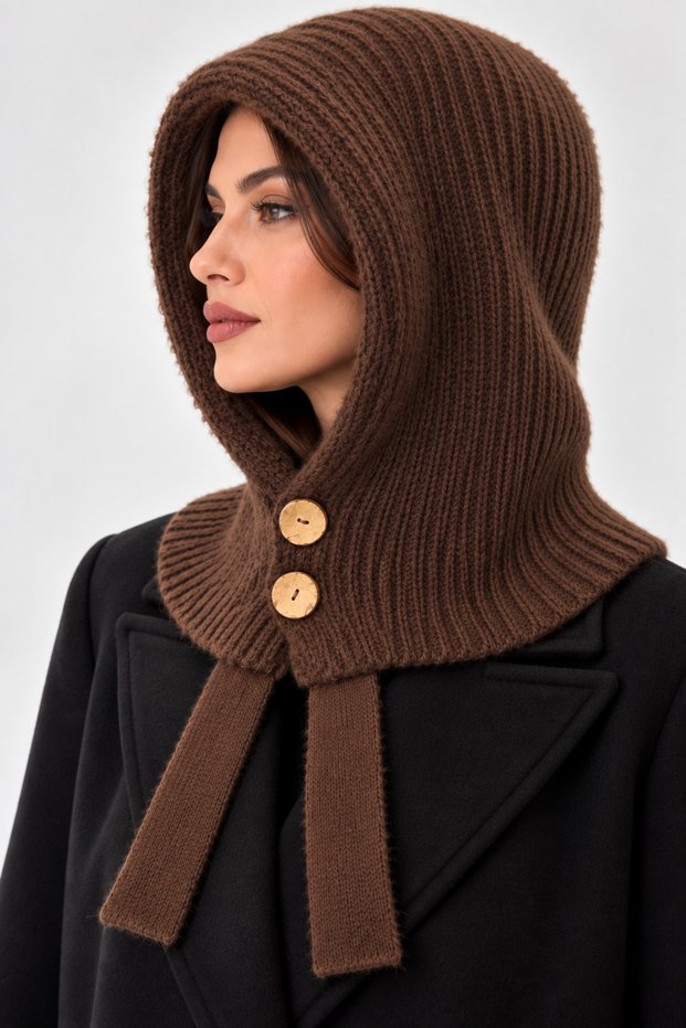 Woven winter beanie-balaclava with soft, fuzzy fabric and button details