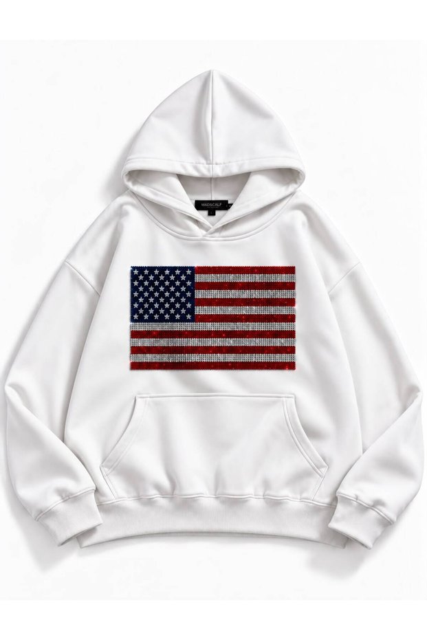 Women's USA Flag Stone-Printed Oversized Hooded Sweatshirt