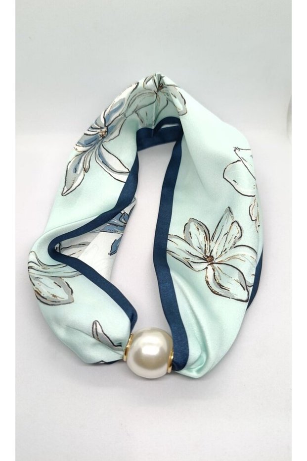 Ice-Blue Floral Print Pearl Scarf Necklace (44 cm)