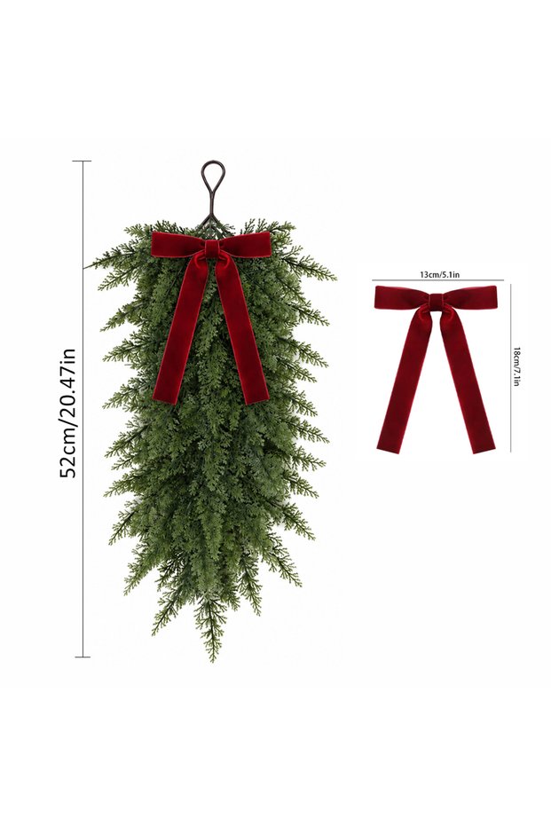 2pcs A-Red 64cm Artificial Christmas Teardrop Swag Norfolk Pine Needle Wreath for Front Door Mantle