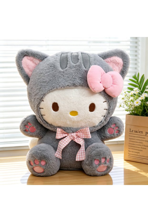 30cm KT 20/30/45/60CM Cute Grey Cat Hello Kitty Plush Doll Checkered Bow Kt Stuffed Toy Soft Pillow