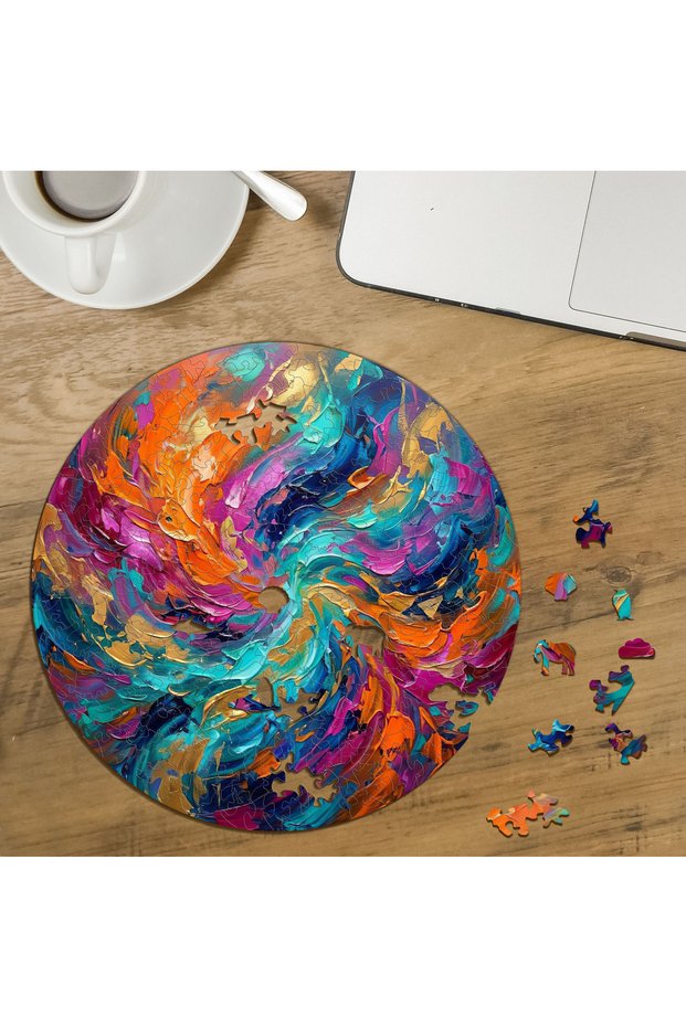 Custom-Cut Round 272-Piece Wooden Puzzle with Colorful Swirl Design MPDA3135