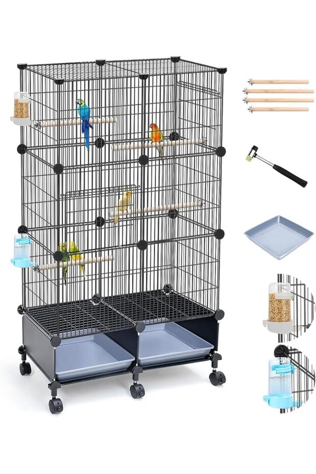 Large Stackable Bird Cage with Rolling Casters,Multi-Tier Flight Aviary Parrot Cage,Automatic Water