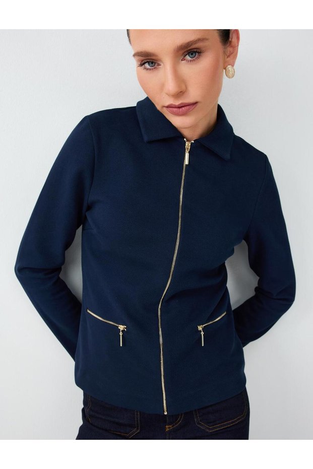 Navy Blue Jacket with Zip Detail, Shirt Collar, and Slim Fit