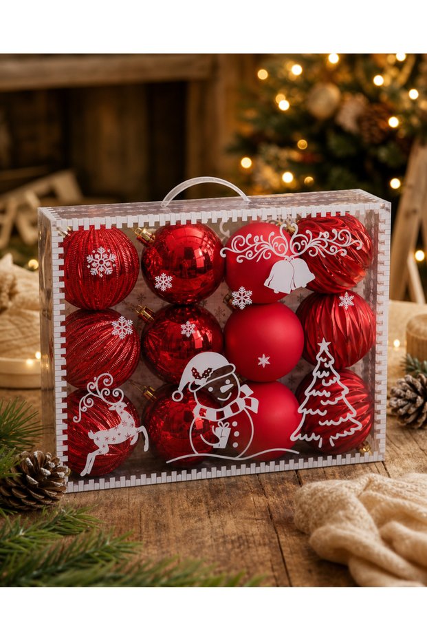 Ert-yil-26219 new year tree decoration 12 pieces glitter balls pvc boxed 12 pcs - 8 cm (with sticker)