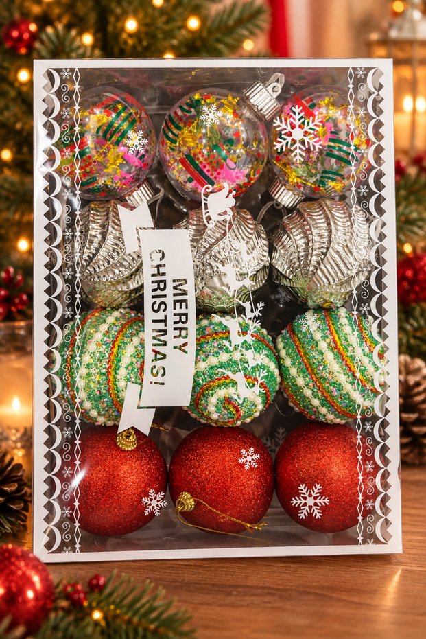 ERT-YIL-26211 New Year's Tree Ornaments, Set of 12 Balls, in a PVC Box