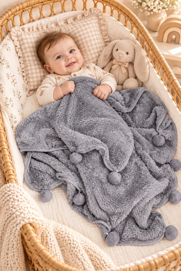 Pom-Pom Baby Blanket, 100x100 cm, Super Soft Welsoft Fleece Children's Blanket