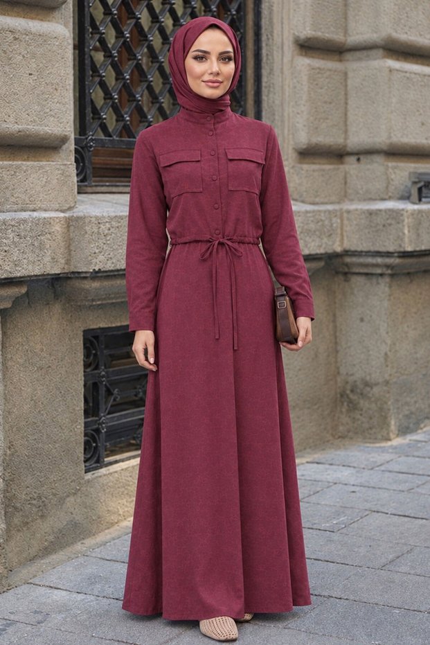 Plum-Colored Modest Skirt Set with Front Pockets 1359MU