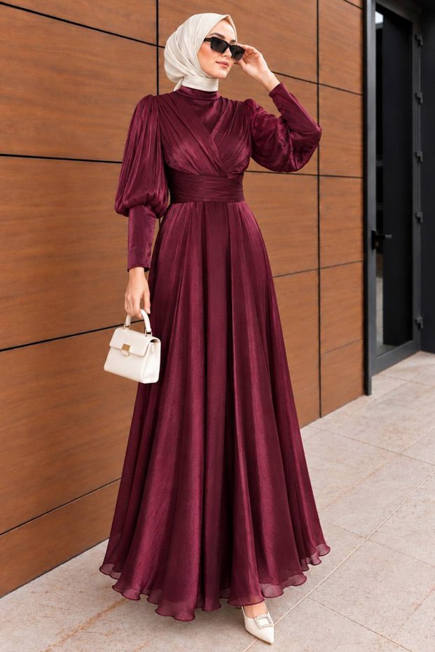 Draped Balloon-Sleeve Embellished Burgundy Modest Evening Gown 50170BR