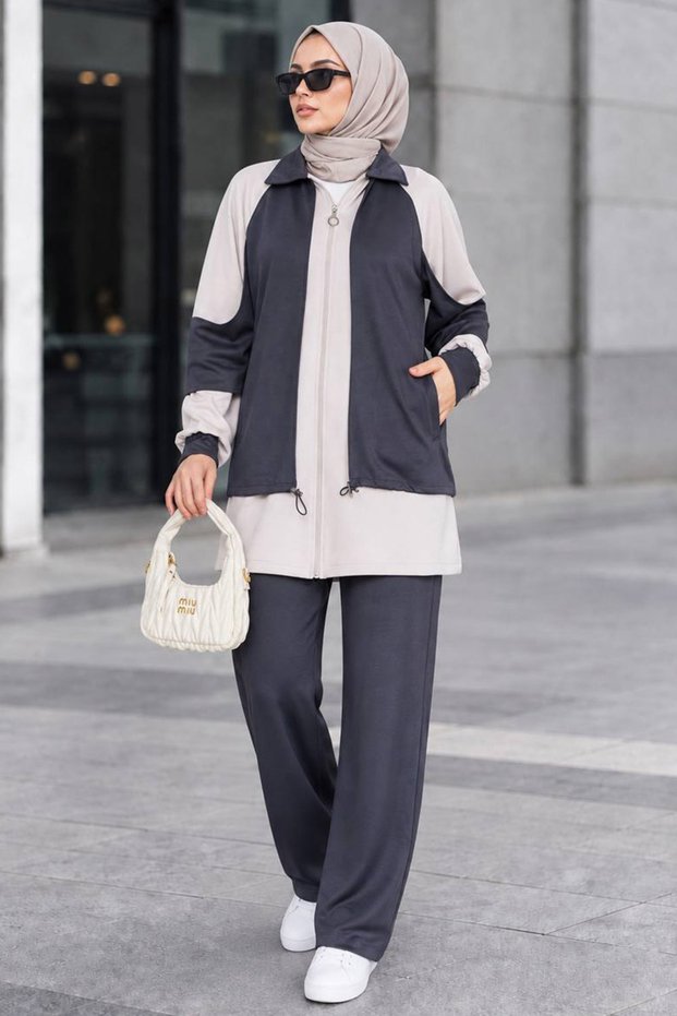 Oysho Anthracite Modest Two-Piece Set with Contrasting Colors and Zip Detail, 10430ANT