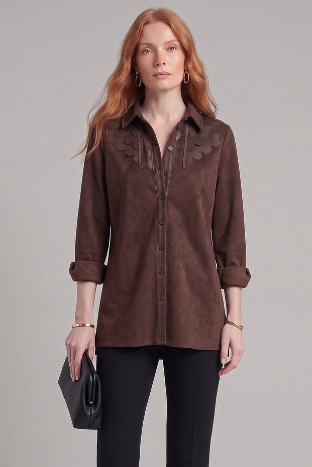 Leather-Detailed Suede Tunic, Brown
