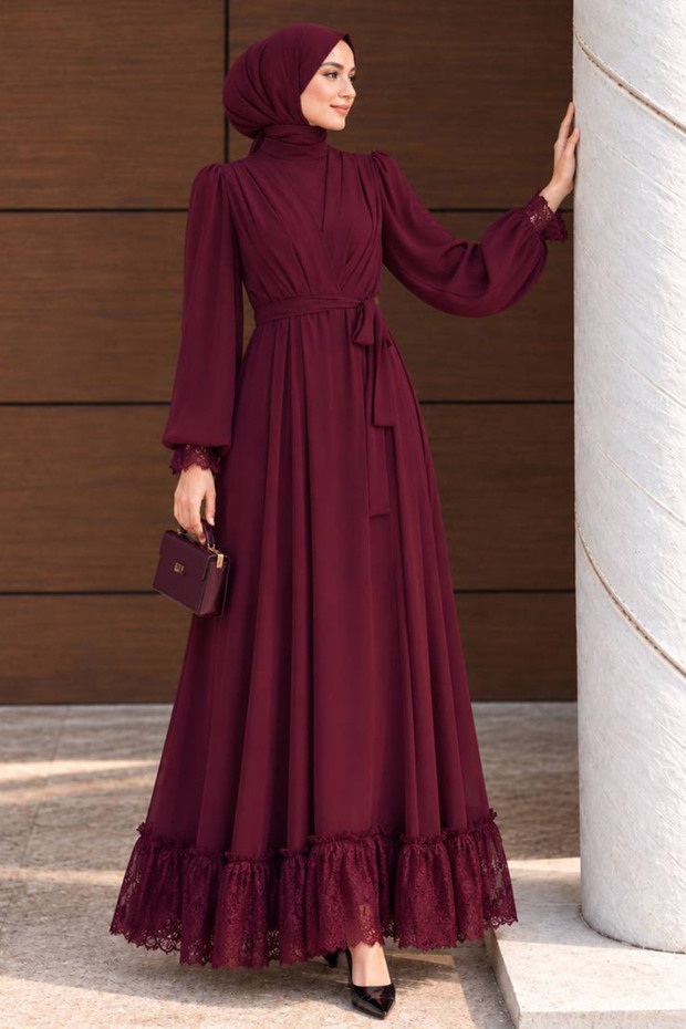 Burgundy Modest Evening Gown with Guipure Lace Details, Belted Waist, and Lace Chiffon, 4999BR