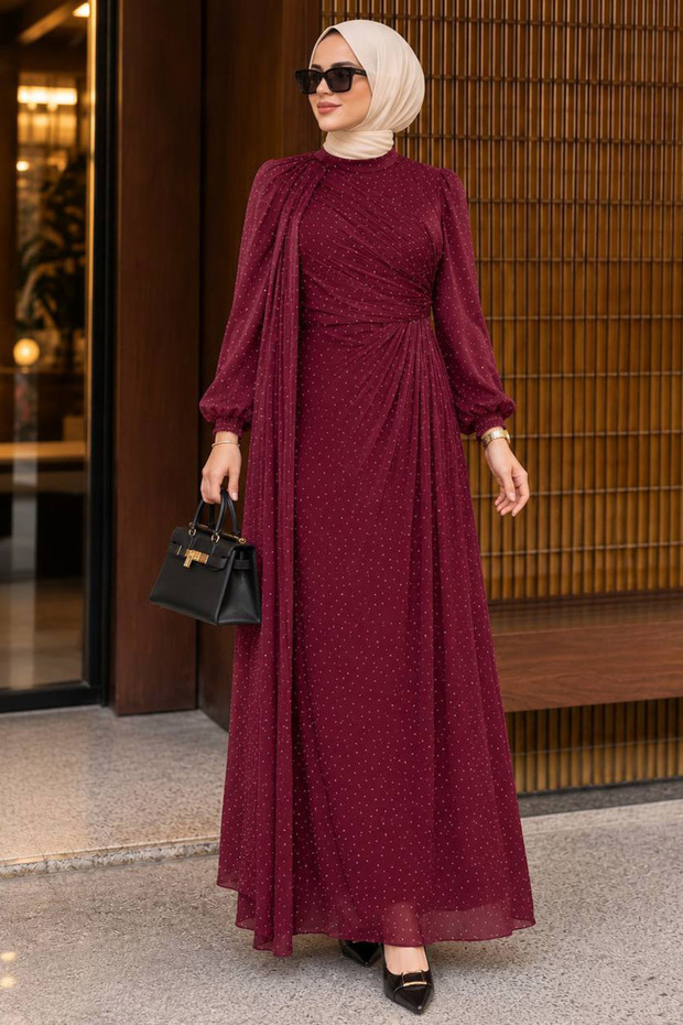 Dark Burgundy Modest Evening Gown with Cape Detail 4875KBR