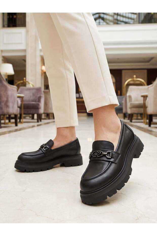 D26KA 870 Black Genuine Leather Moccasin Women's Shoes