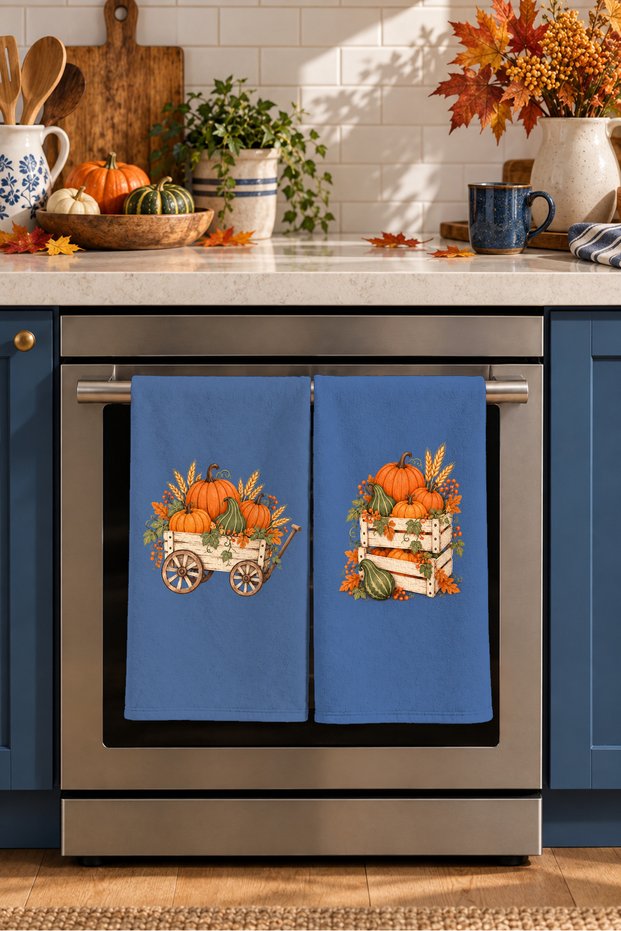 Harvest Wagon Handcart and Pumpkin Denim Blue Patterned Decorative 2-Piece Kitchen Towel Set 35x55