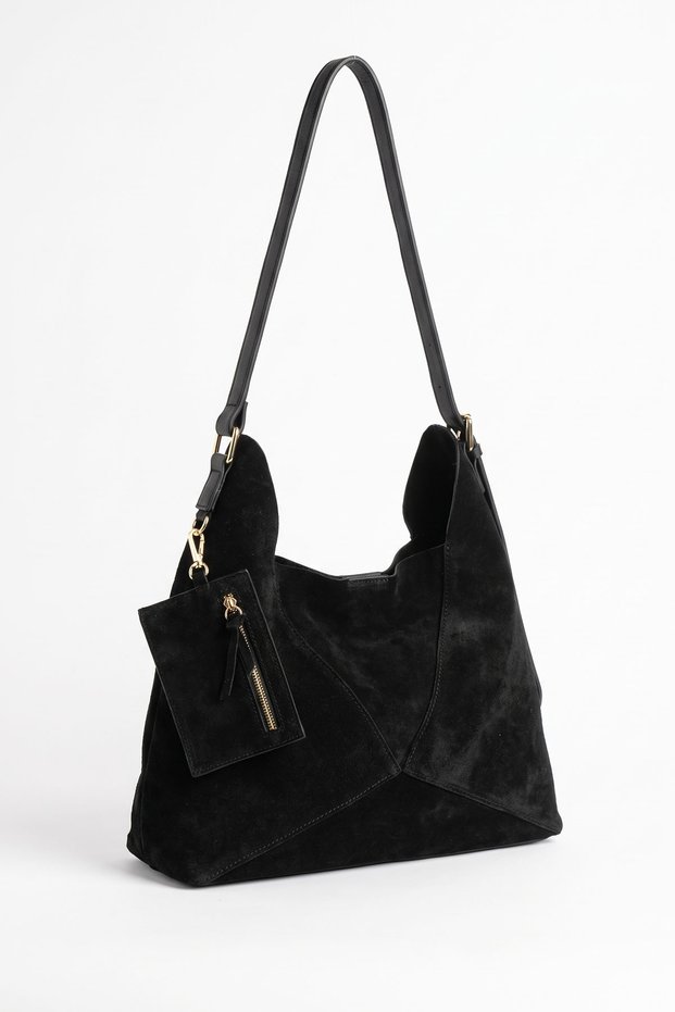 GRANDY Black Suede Genuine Leather Women's Shoulder Bag