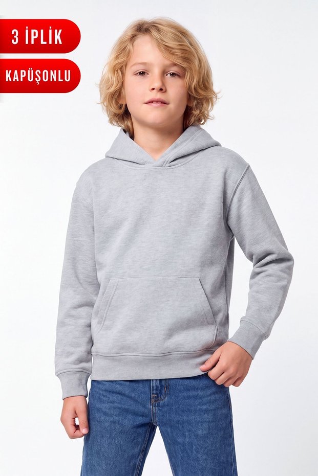 Boys' 3-Ply Winter Solid-Color Hooded Sweatshirt with Kangaroo Pocket
