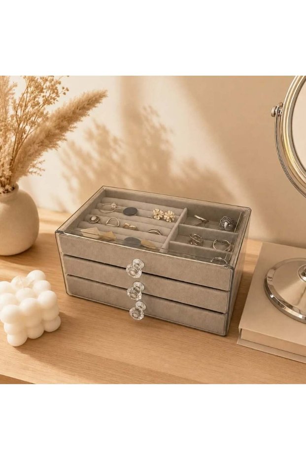 Three-Tiered Jewelry and Cosmetics Organizer with Drawers, Gray