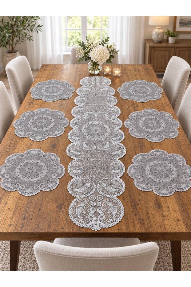 7-Piece Shawl Table Runner Set / 6 Placemats, 1 Table Runner—Gray