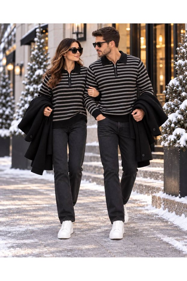 Unisex Striped Polo Collar Knit Sweater Pair, 2-Piece Set