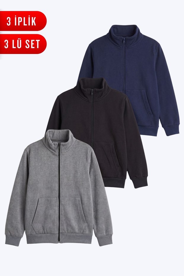 Men's 3-Pack 3-Ply Mock Neck Zipper Sweatshirt with Two Pockets