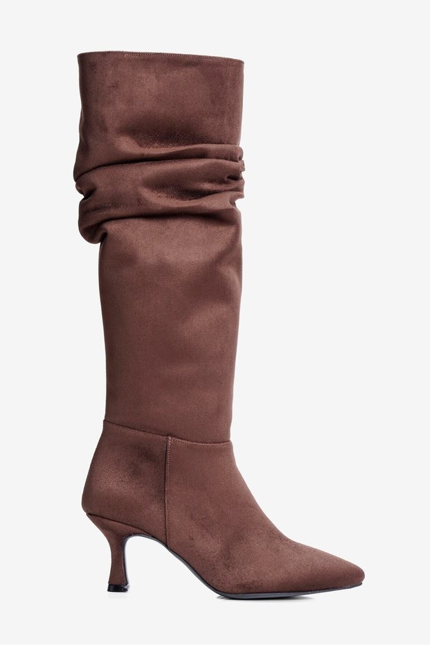 Women's Suede Boots with Ruched Cuff, Pointed Toe, Short, Stiletto Heel, and Zipper, Ziska Brown