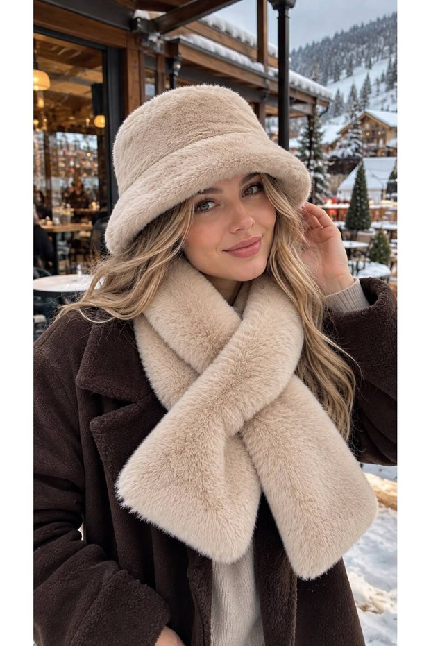 Beige Premium Soft-Textured Plush Scarf and Hat 2-Piece Set