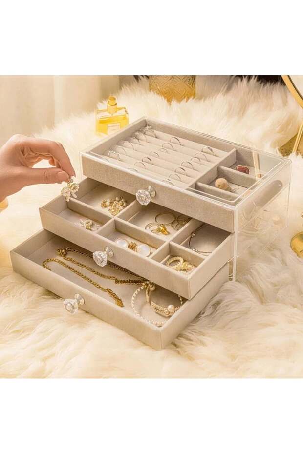 Three-Tiered Jewelry and Cosmetics Organizer with Drawers, Cream