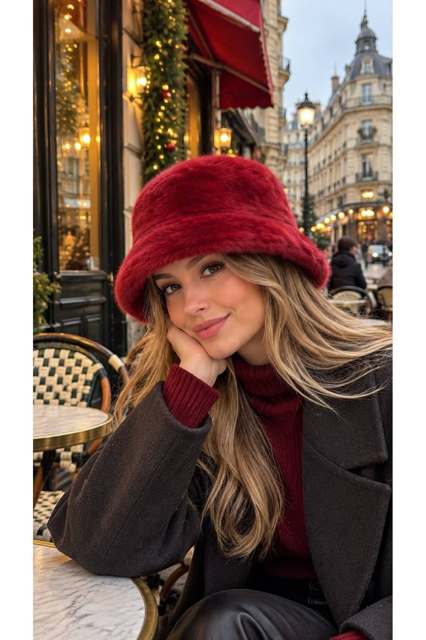 Burgundy Premium Soft-Textured Plush Bucket Hat for Women