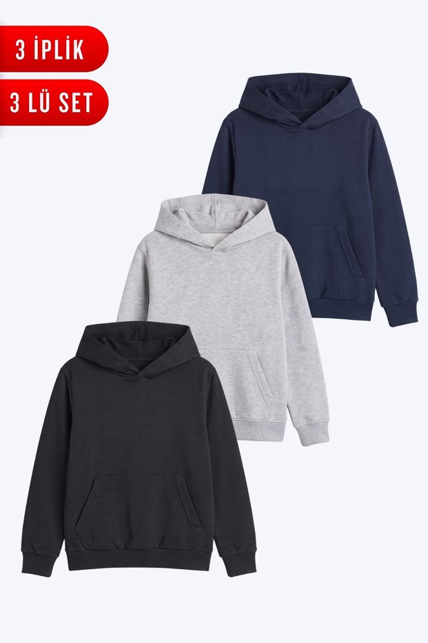 Men's 3-Ply 3-Thread Winter Solid-Color Hooded Kangaroo Pocket Sweatshirt