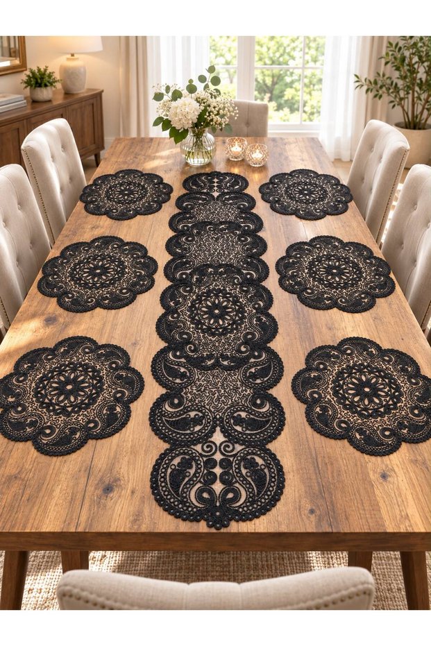 7-Piece Table Runner Set / 6 Placemats, 1 Table Runner—Black