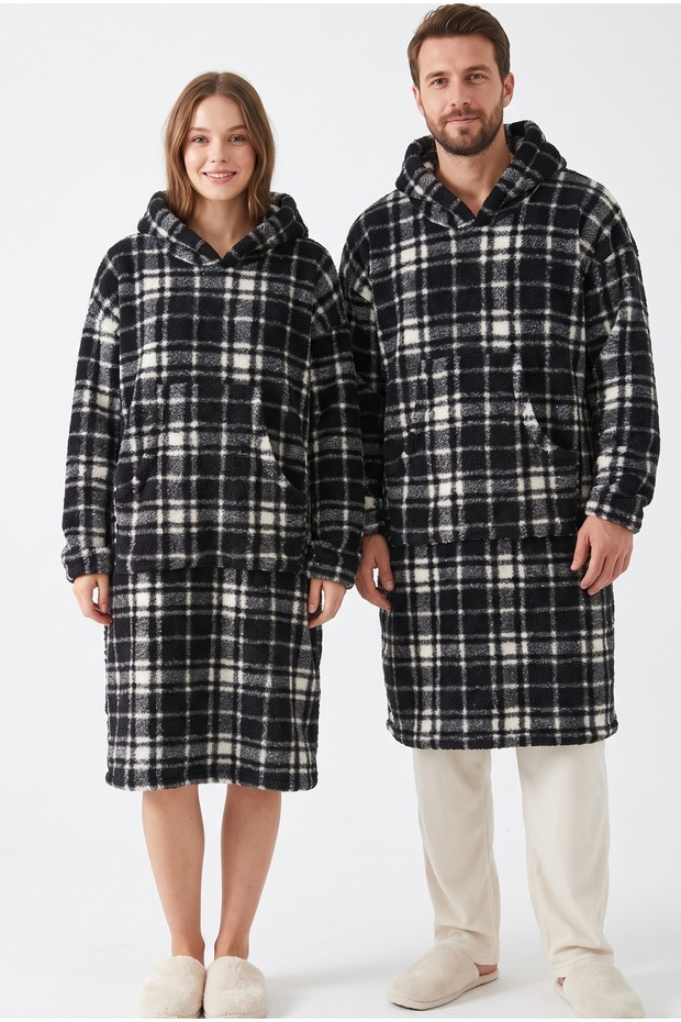 MBEY Black Checked Wellsoft Wearable Blanket with Hood - Unisex Cozy TV Blanket, 1 PIECE - ONE SIZE