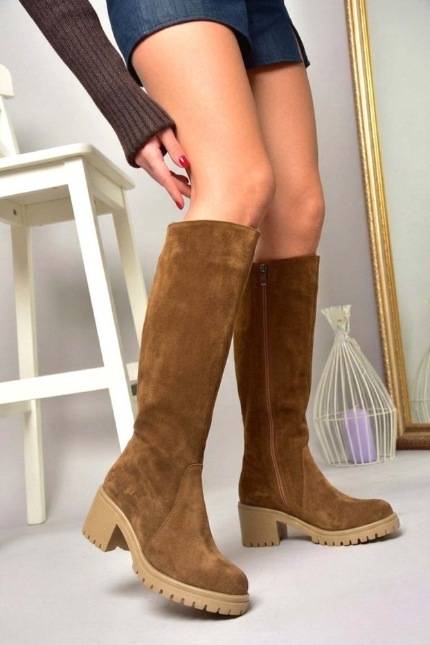 R654047702 Tan/Beige Genuine Leather Suede Women's Boots with Thick Heels