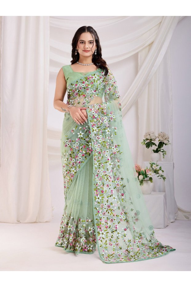 Designer Net Embroidery Saree | Fall & Pico Stitched| Featuring Vivid Floral Motifs and Matching Blouse Piece |Vivirasmi